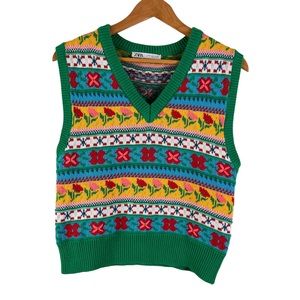 ZARA Women’s Green/Multicolor Floral Crochet Detail Sweater Vest Size Medium